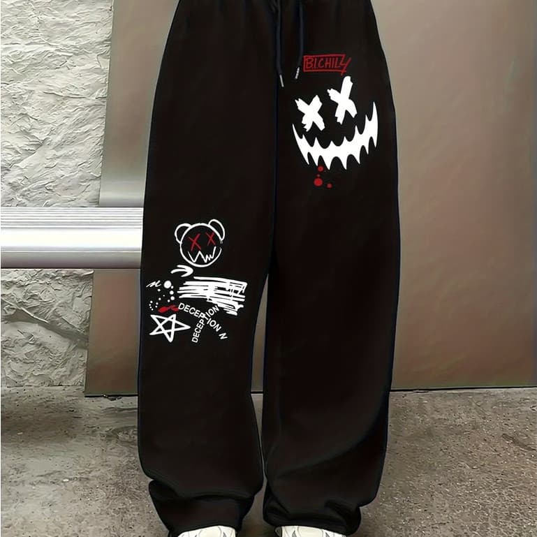 Calças Femininas Wide Leg Perna Larga com Estampa de Rosto Alegre e Cabeça de Urso Bear Happy Meninos Meninas Unissex