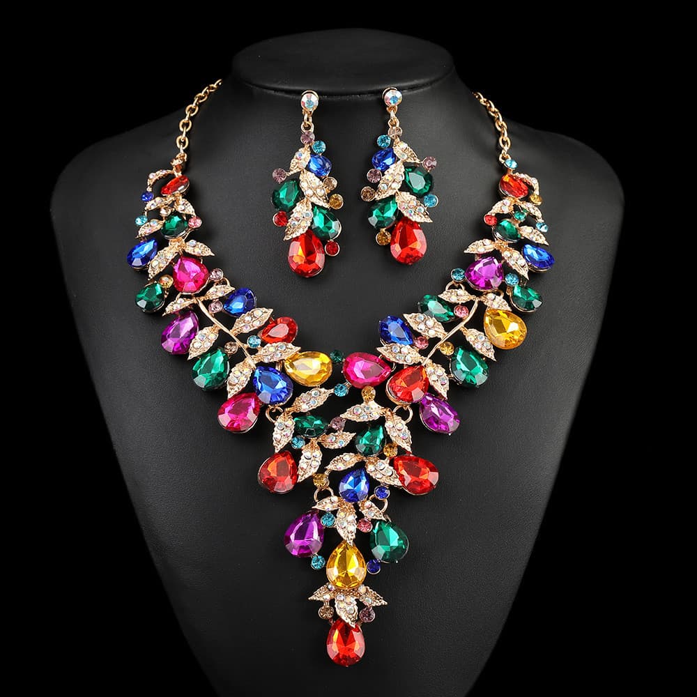 Conjunto de colar vintage exagerado para mulheres, acessório luxuoso de cristal para vestido de festa, corrente para cla