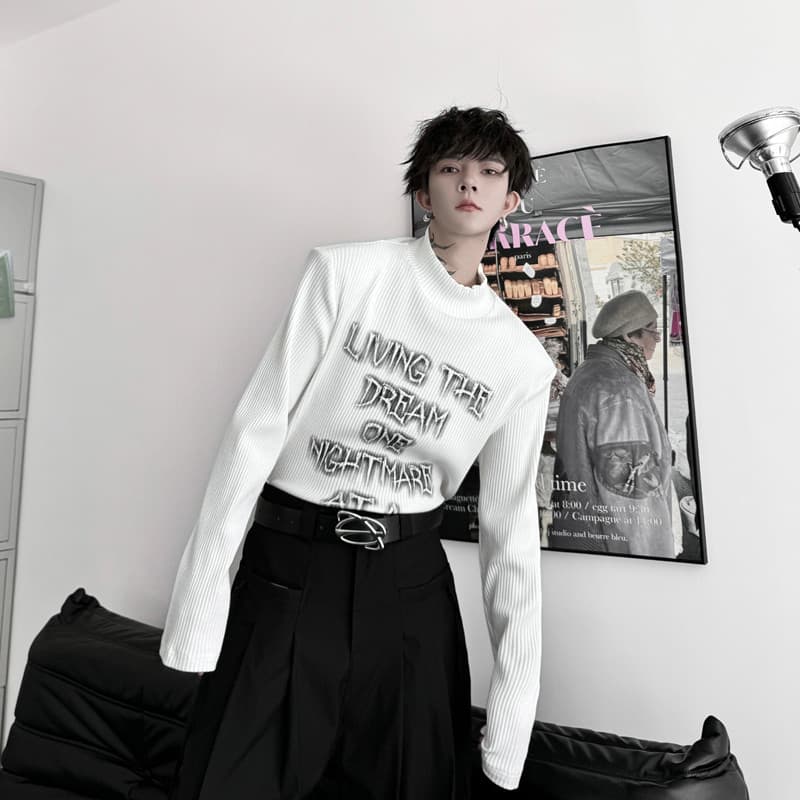 Outono versão coreana carta impressão meia gola alta manga longa camiseta masculina listra escura Design almofadas de om