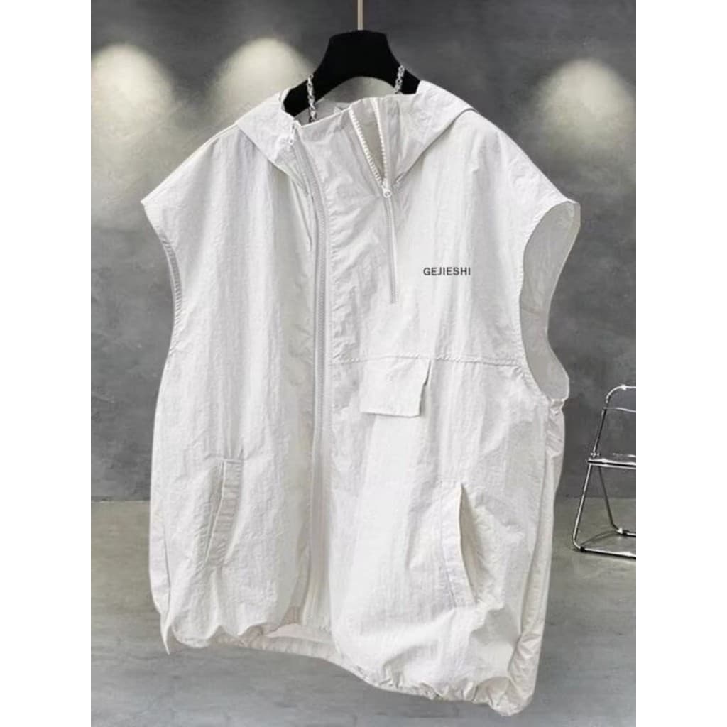 Zíper com capuz sem mangas camiseta masculina verão rufião bonito solto gelo seda protetor solar ferramentas grande bols