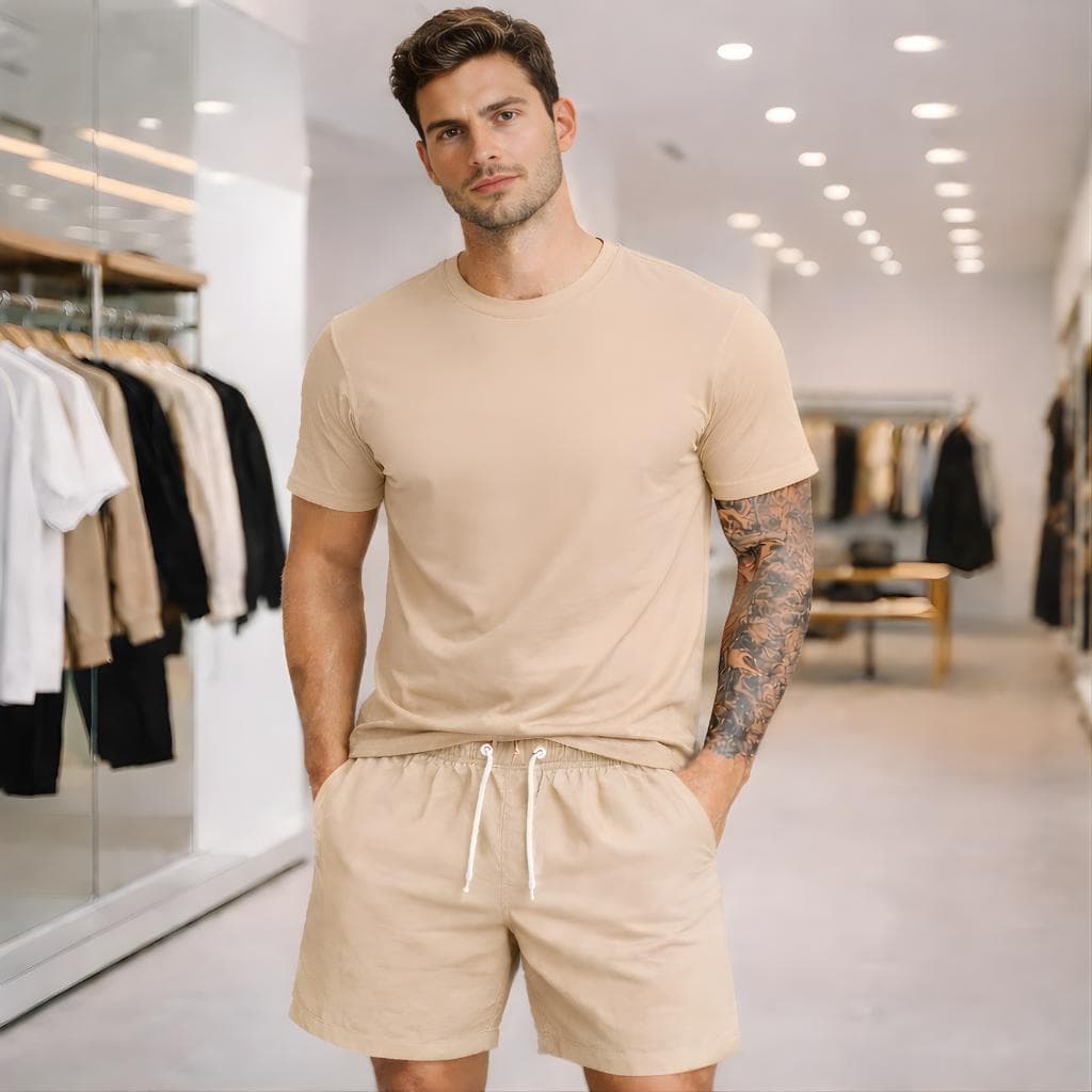 Conjunto Bermuda LINHO Bege Camiseta Básica Masculina Casual Premium
