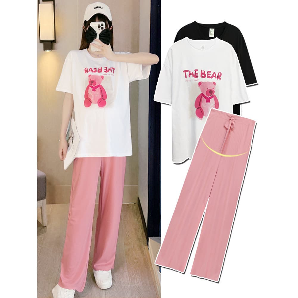 Terno de maternidade verão moda manga curta topo tamanho grande camiseta estilo fino seda gelo calças de perna larga Cas