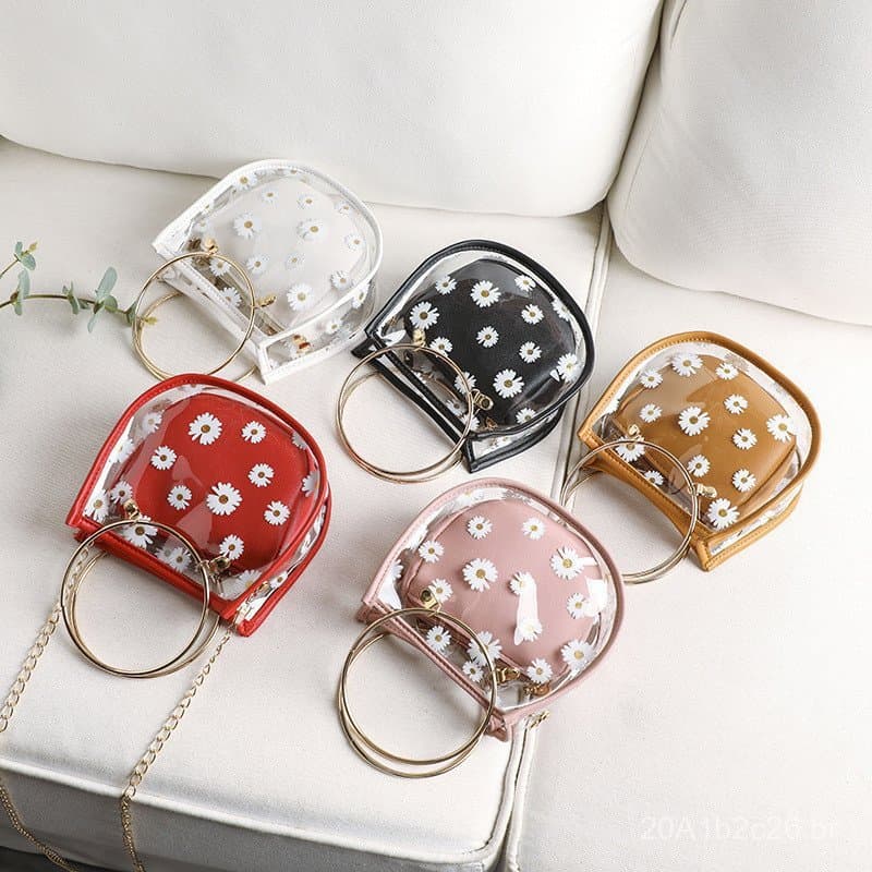 Bolsas femininas da moda 2023, bolsa de mão casual e elegante com corrente transparente e estampa de crisântemo, venda p