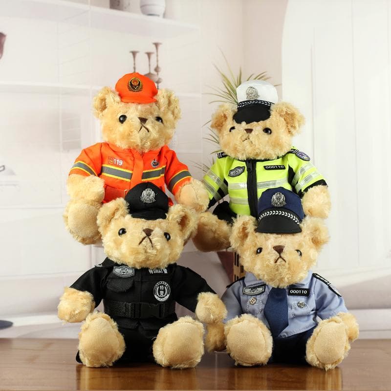 Bonito tráfego polícia urso boneca de pelúcia fogo urso de pelúcia brinquedo boneca SWAT Ragdoll ornamentos de carro