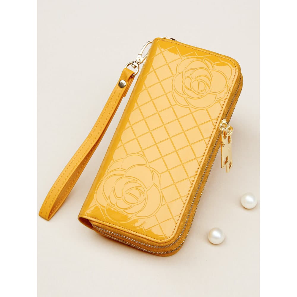 Lucky dourado amarelo carteira com zíper carteira feminina embreagem grande capacidade carteira de couro pode conter tel