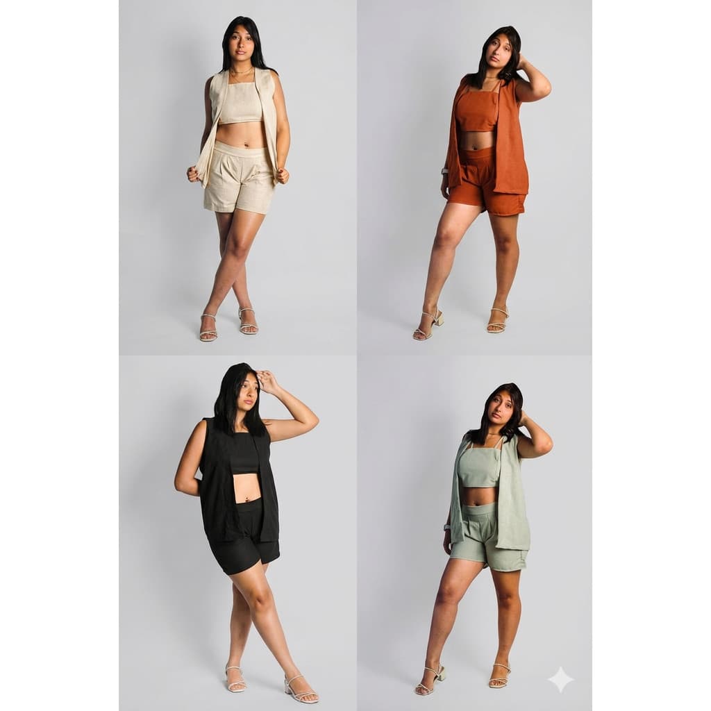 Conjunto kit 3 peças Viscolinho,Cropped+Short+Kimono,Elástico e Bolso,amarração.M,G,GG.Preto,Cru,Terra,Verde Menta.Verão