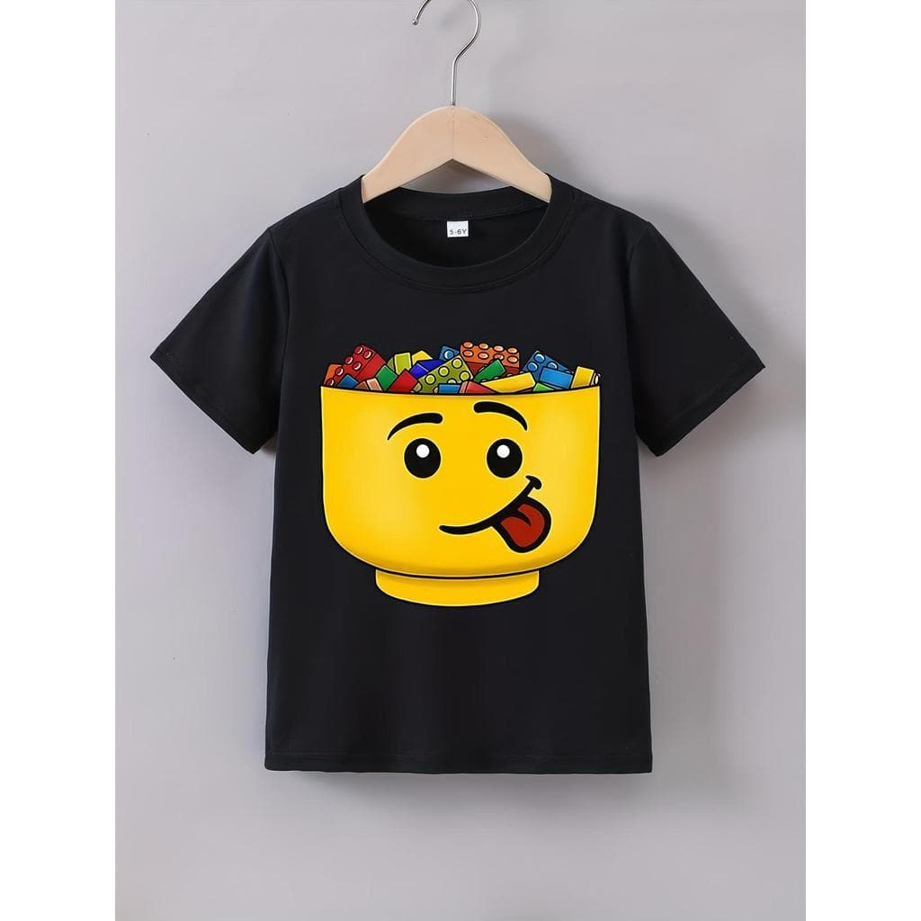 Camiseta Infantil 100% Algodão Estampa Blocos Lego Sorridentes Visual Alegre Tecido Leve Confortável Uso Diário Kids