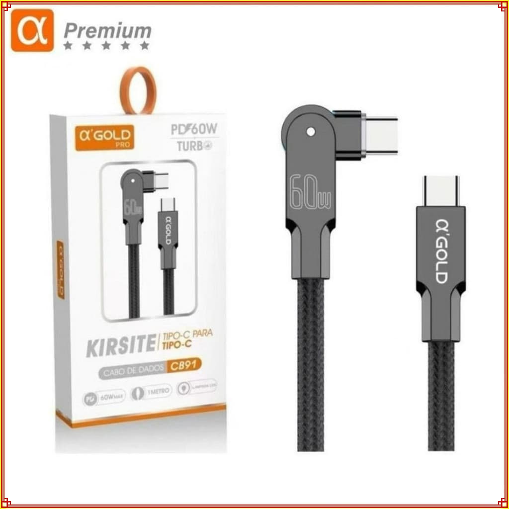 Cabo Tipo-C para Tipo-C 60W Turbo PD 1M A'Gold original  180° Com LED Revestimento Trançado Carregamento rápido