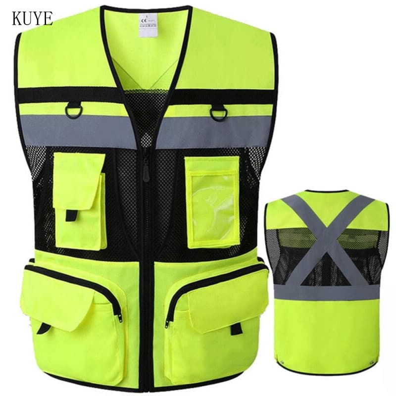 Várias Bolsas de Alta Visibilidade Colete de Segurança Refletivo Tecido de Malha com Grande Zíper Respirável Amarelo e P