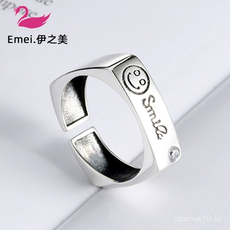 Anel Aberto Feminino Yizhimei Novo Estilo Coreano Banhado a Prata com Design de Sorriso e Letra Quadrada em Inglês