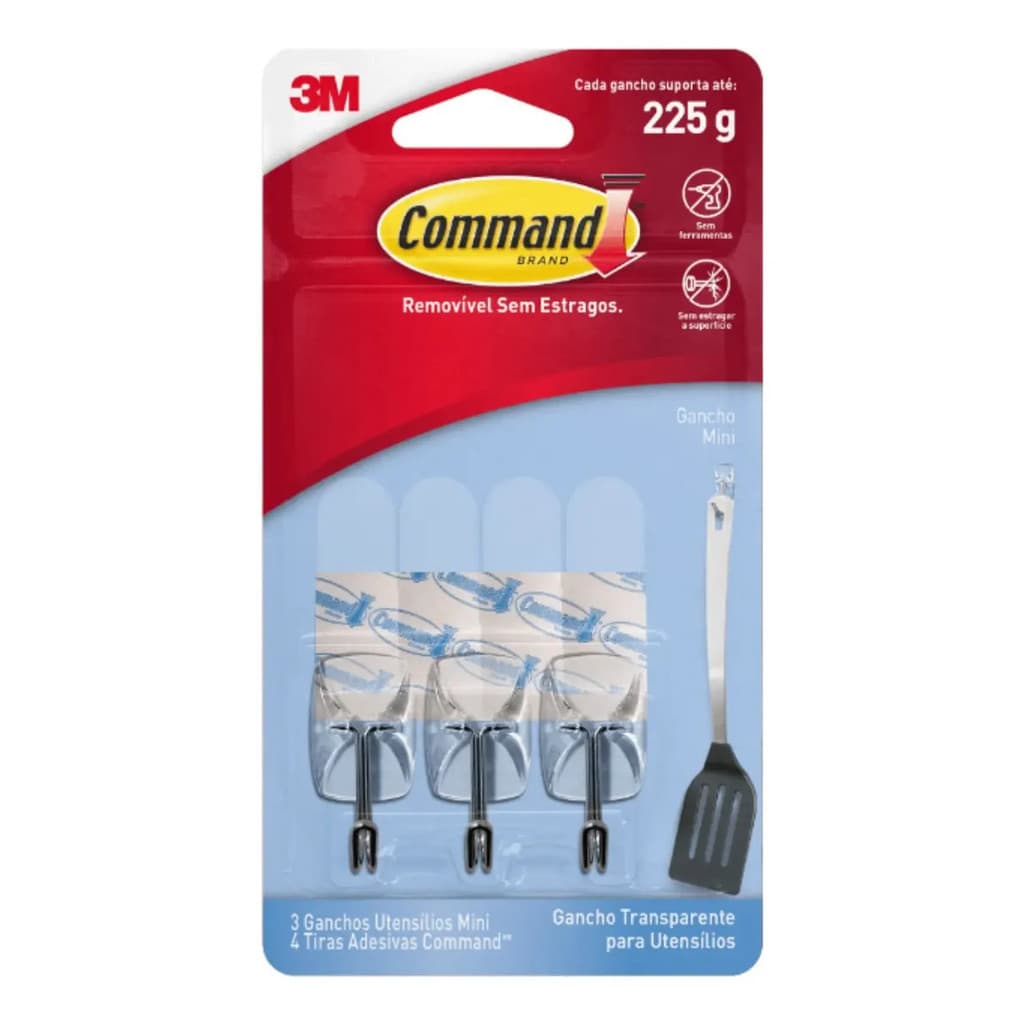 Command, 3m, Gancho Para Utensílios, Adesivo Removível Sem Estragos, Transparente, Mini, 3 Unidades