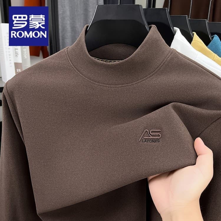 Romon outono inverno alemão veludo camisa de fundo masculino cor sólida meia gola alta moletom interno dupla face veludo