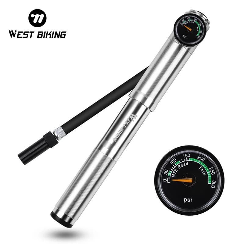 Bomba de Ar para Bicicleta de Estrada WEST BIKING 300 PSI, Mini Bomba de Ciclismo com Mangueira de Ar, Medidor de Pressã