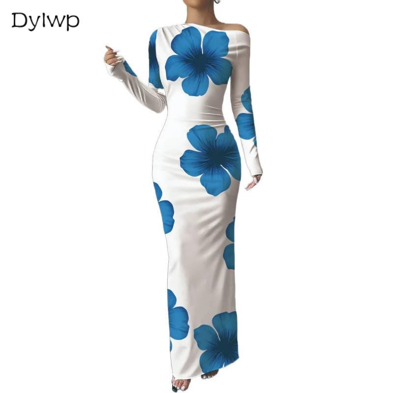Vestido Maxi Feminino Manga Comprida Slim Fit Estampado Floral Casual Festa Longo *-*