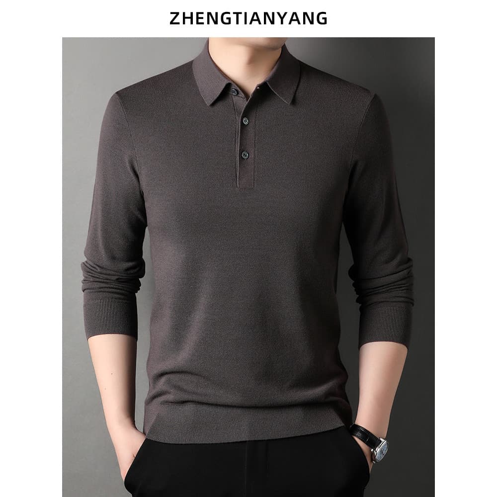 High-End fino tecido cor sólida camisola de manga comprida camiseta masculina primavera outono malha frisado camisa polo