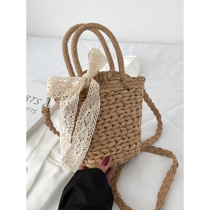 Saco de palha doce verão japonês coreano portátil balde saco tecido bolsa de ombro saco do mensageiro ins