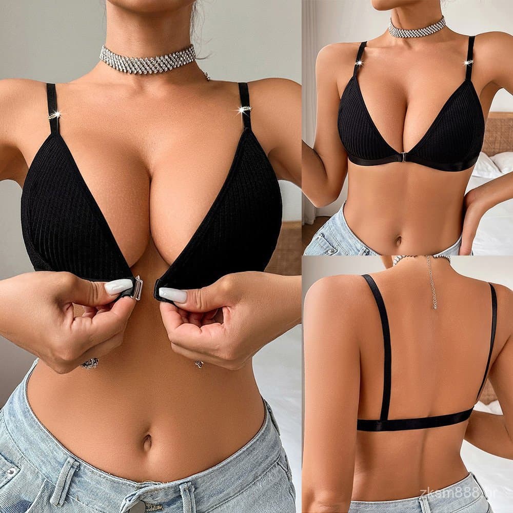 Sutiã preto sem alças, com fecho frontal, copa triangular, decote em V, roupa íntima respirável.