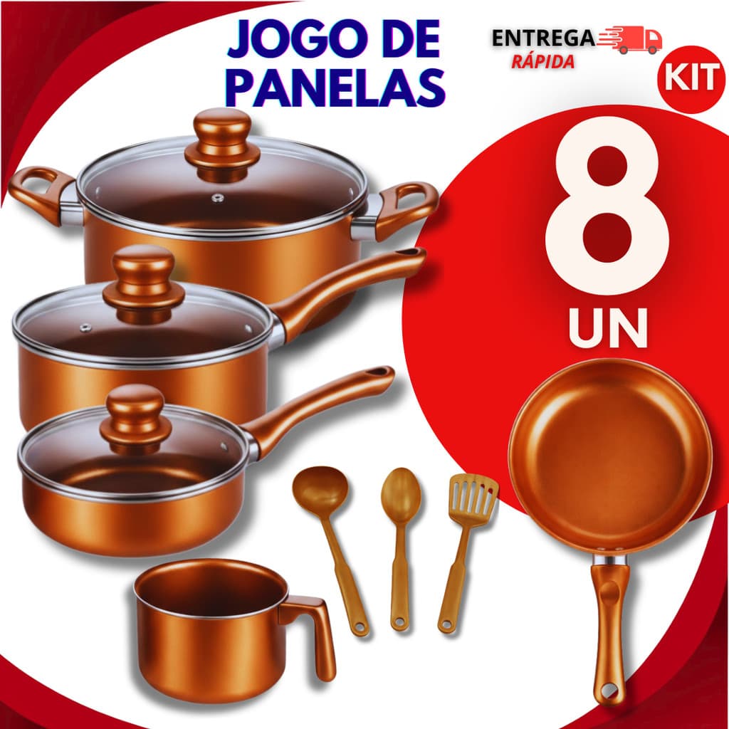Kit 08 Peças Panelas Caçarolas com Tampa Vidro Antiaderente Leiteira e Frigideira  Estilo Cobre