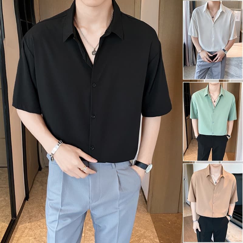 Verão fino meia manga camisa japonesa masculina de seda gelo camisa de manga curta versão coreana ins na moda drapeado b