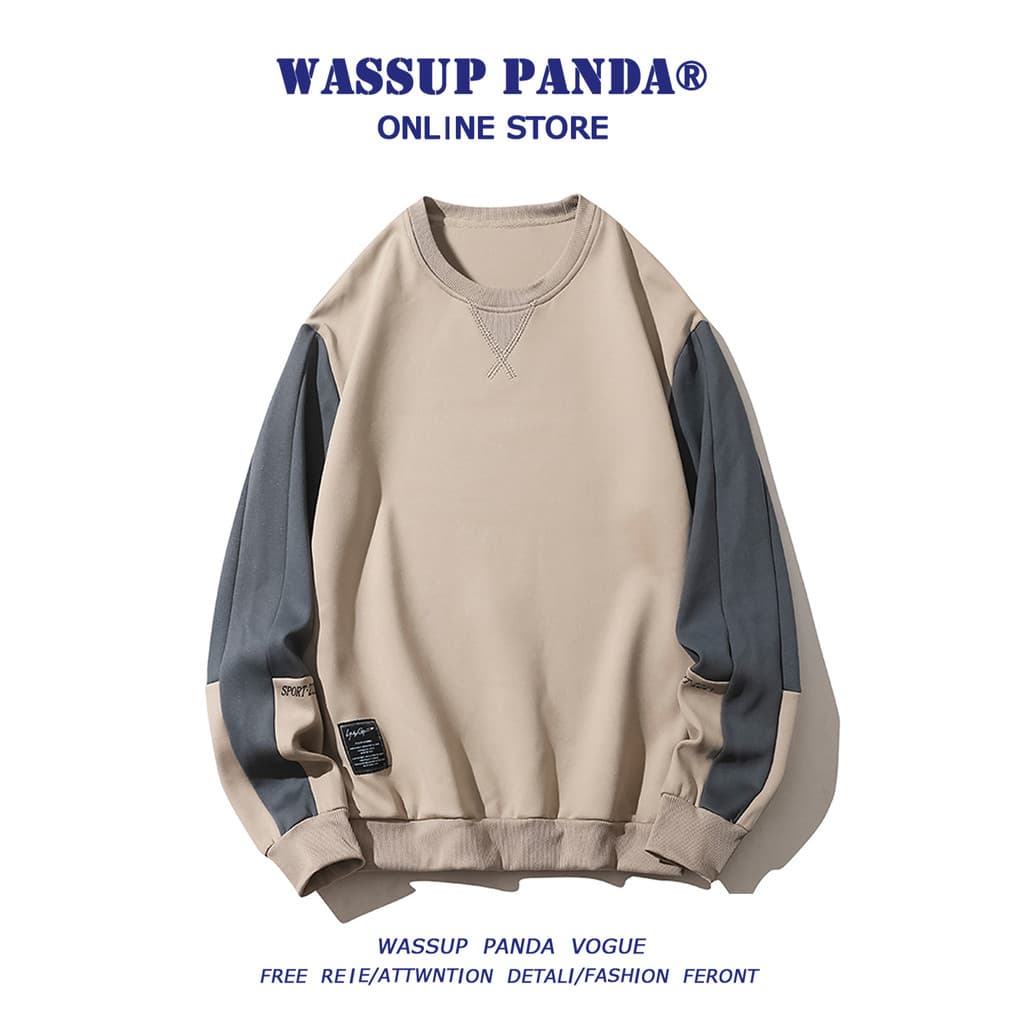 WASSUP PANDA Costura Contraste Cor Em Torno Do Pescoço Moletom Masculino Primavera Outono Casual All-Match Pulôver Camis