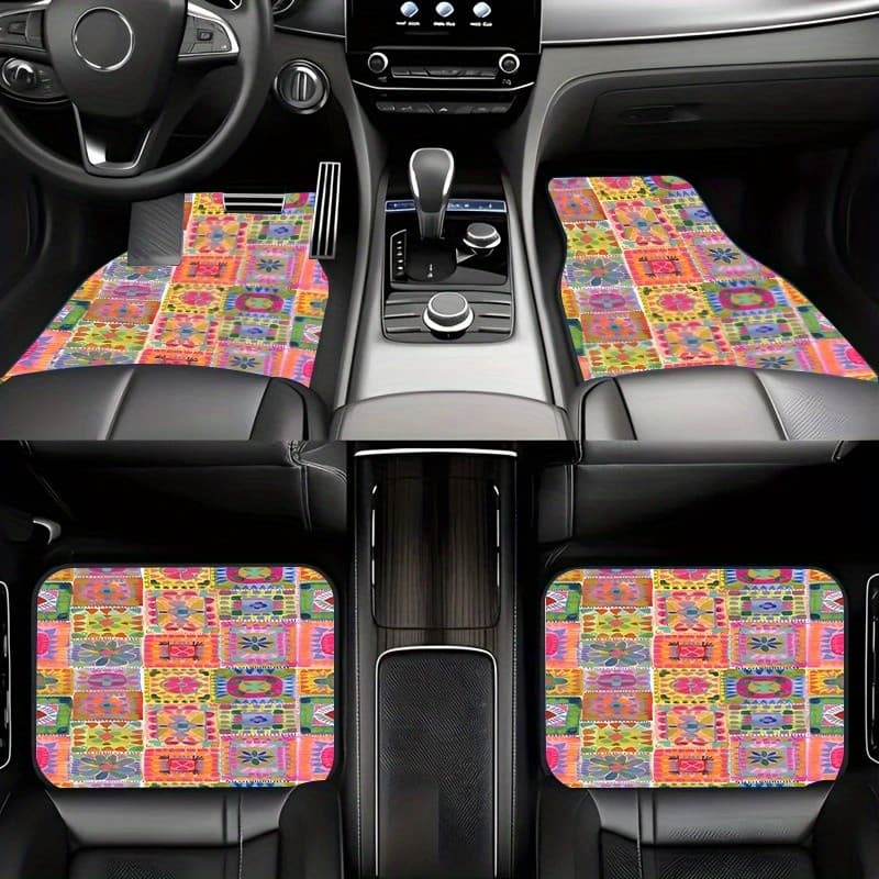 Tapetes de pés de carro de estilo étnico de 4 peças, forro traseiro antiderrapante, padrões de tribo coloridos (rosa/ver