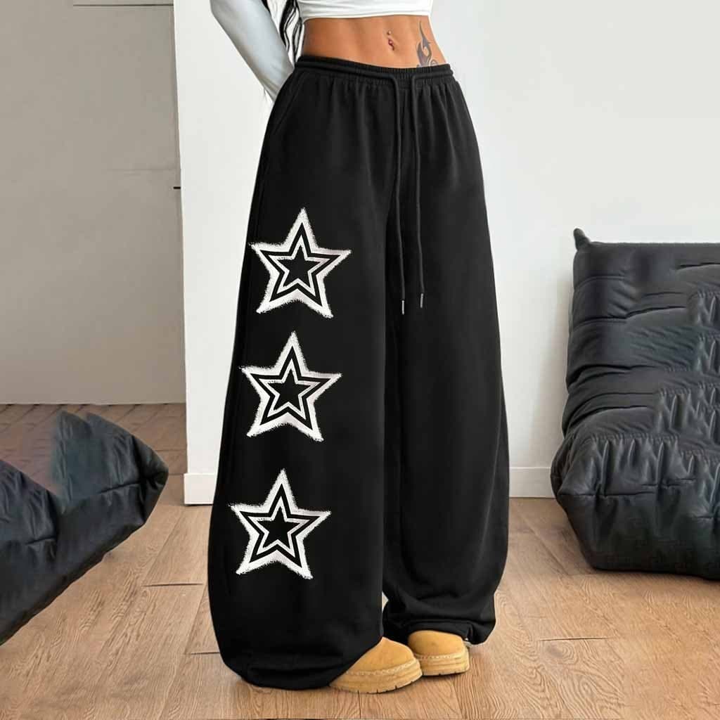 Calça Wide Leg Moletom Perna Larga Estilo Americano Estrelinhas Casual Y2K Baggy Estilosa
