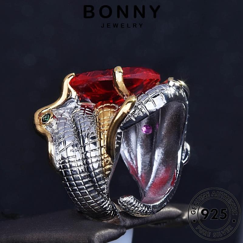 BONNY JEWELRY Anel de Prata 925 Original Vintage com Rubi em Forma de Cobra para Mulheres R2126