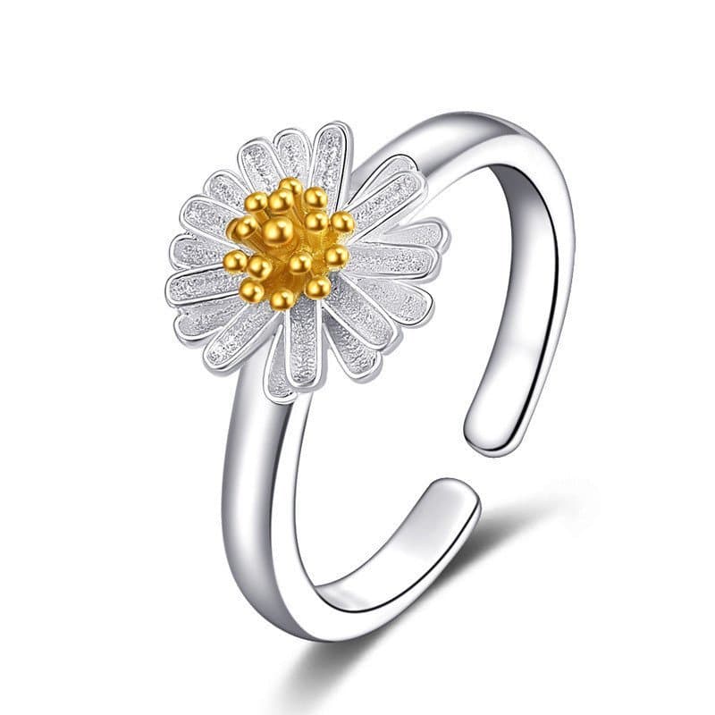 Anel de cobre branco banhado a prata Zhenrong para mulheres, com pequena flor de margarida, estilo coreano, fresco, fofo