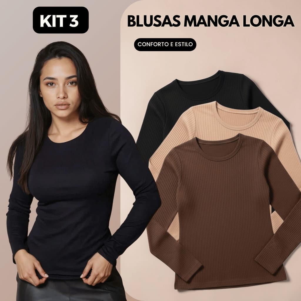 Kit 3 Blusas Feminina Canelado Manga Longa Segunda Pele Básica