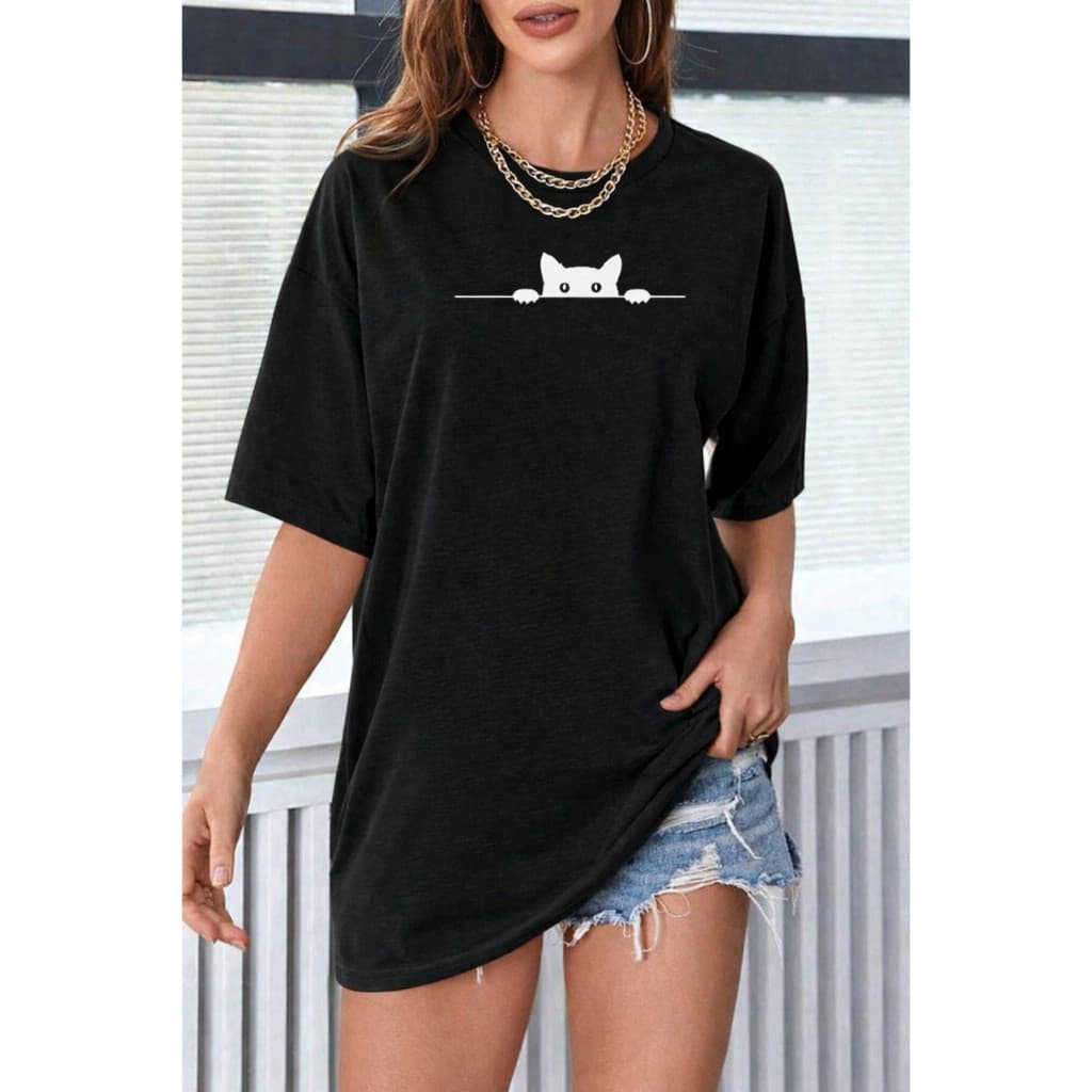 Camiseta Feminina Gatinho T-Shirt 100% Algodão Estampada Casual ENVIO IMEDIATO