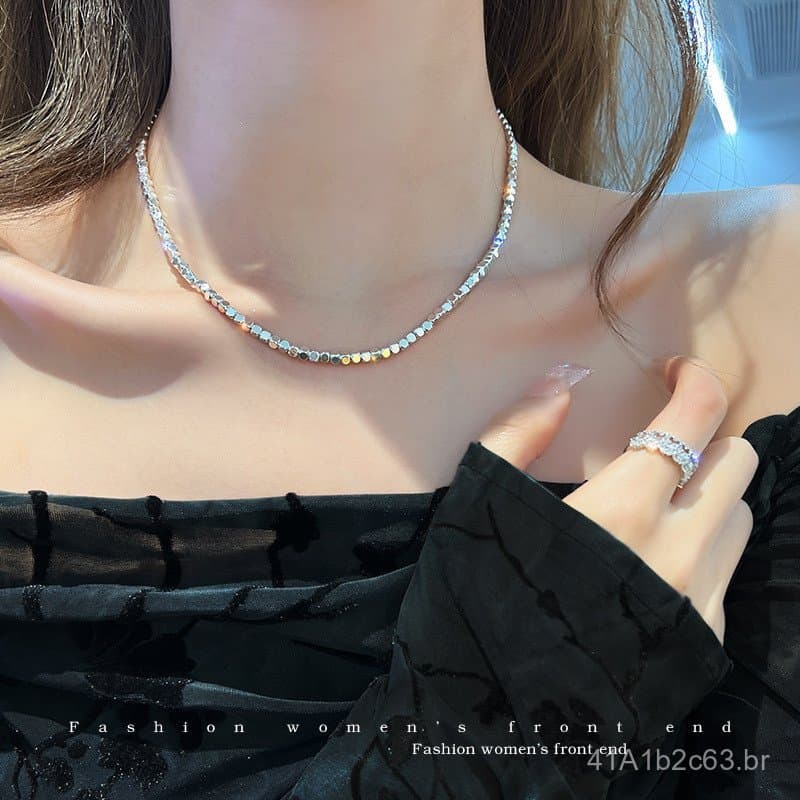 03 Colar feminino estilo coreano com fragmentos de prata, versátil e simples, corrente de prata fragmentada para clavícu