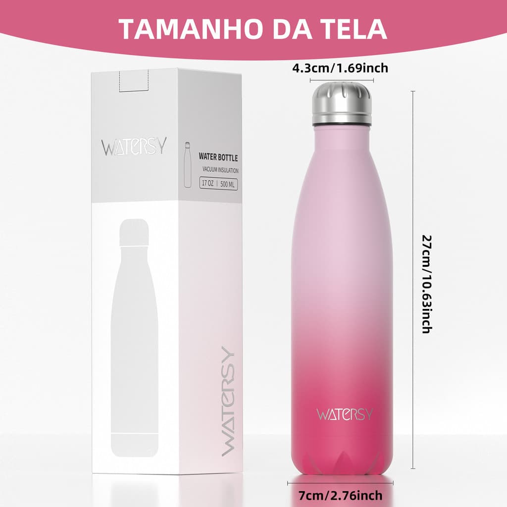 Garrafa Térmica Watersy de 500ml em Aço Inoxidável 304 - Isolamento Térmico por 24 Horas - Portátil,  Rosa e Vermelho