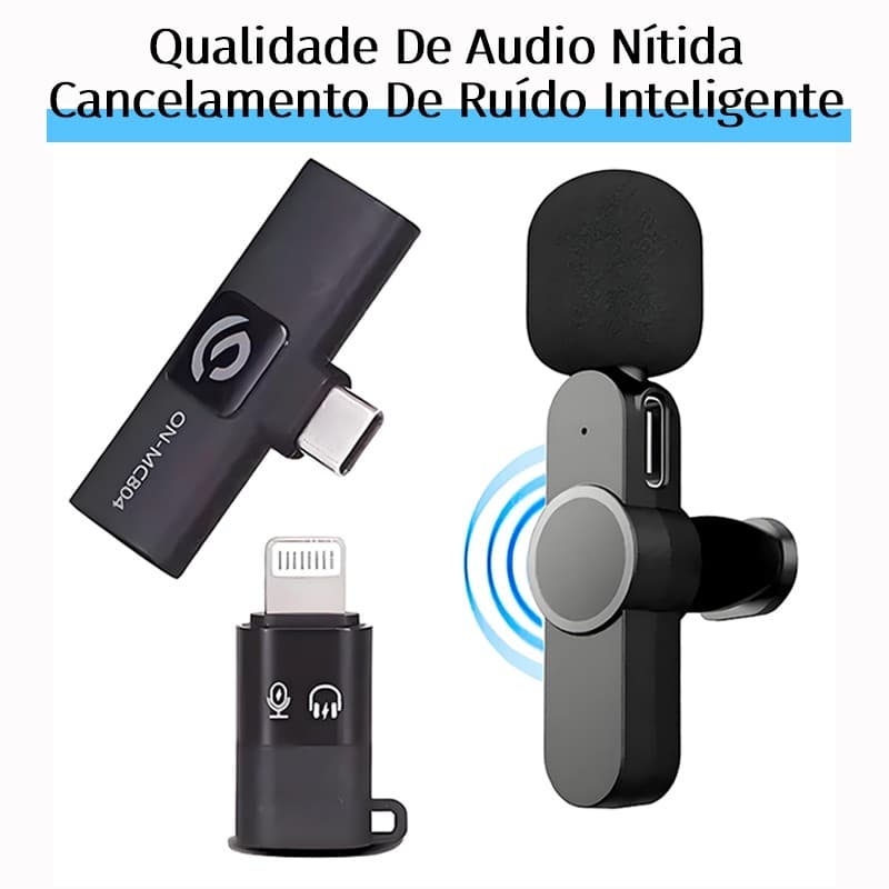 Microfone de Lapela Sem Fio Bluetooth para Vlog Compatível com iPhone e Type-C Cancelamento de Ruído