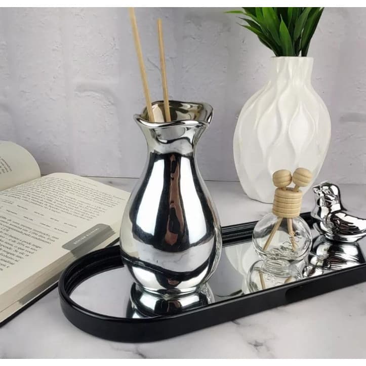 Bandeja Espelhada Oval Moldura Preta de Plástico Decoração