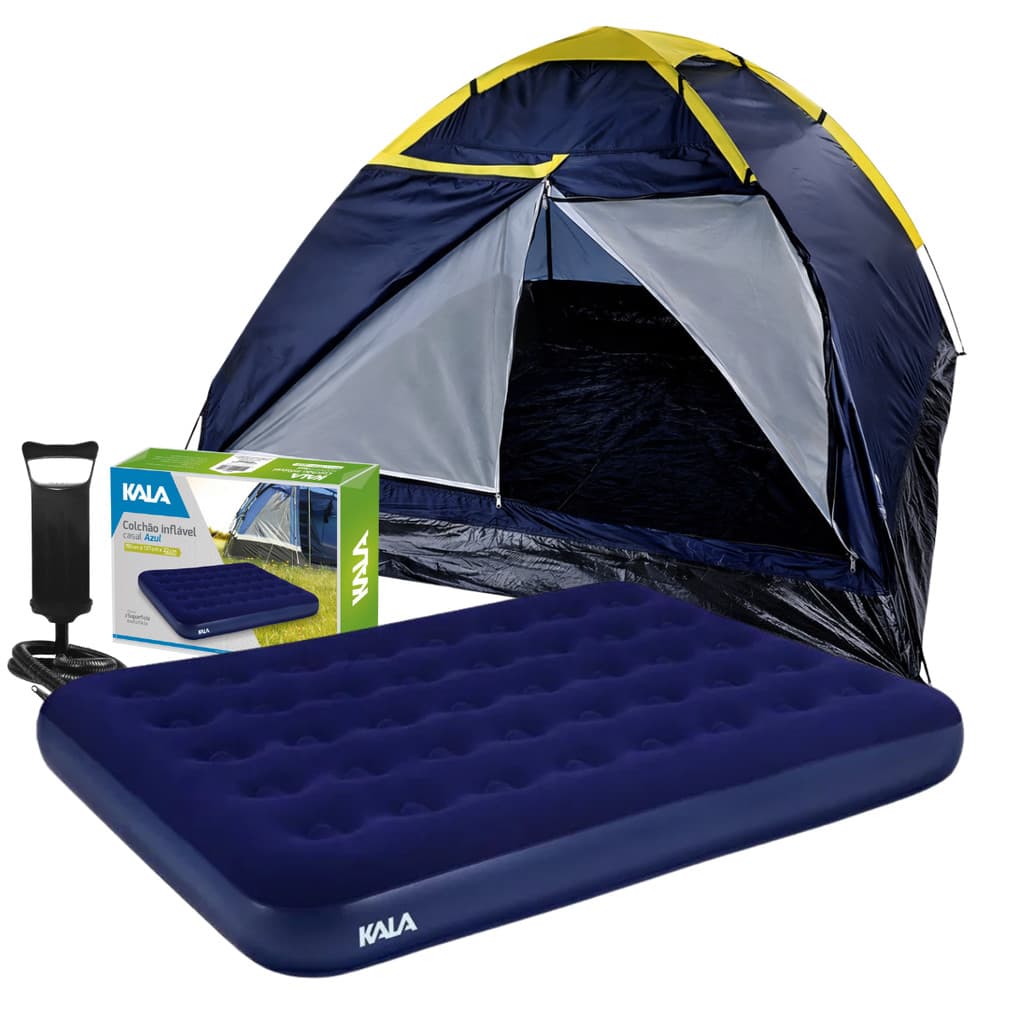 Kit Camping Perfeito Barraca 2P + Colchão Casal e Bomba Manual de Ar Black Friday