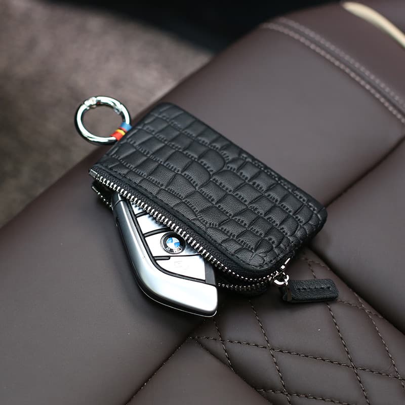 Criativo Mini caso chave do carro pequeno caso chave de couro genuíno masculino zíper cintura pendurada senhoras bolsa d