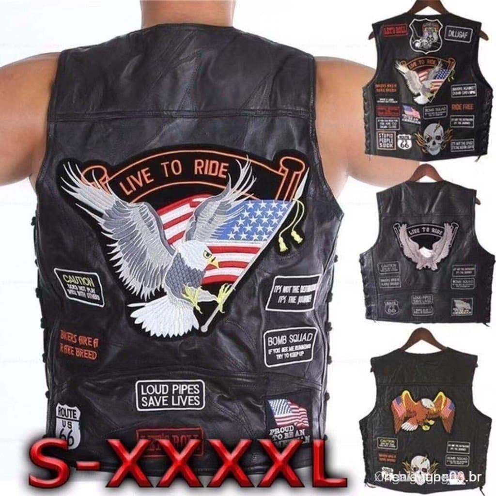 Colete de Motociclista Estiloso, Colete de Couro Masculino com Emblema Bordado, Estilo Retrô OILU IWGF A2HA CAOL
