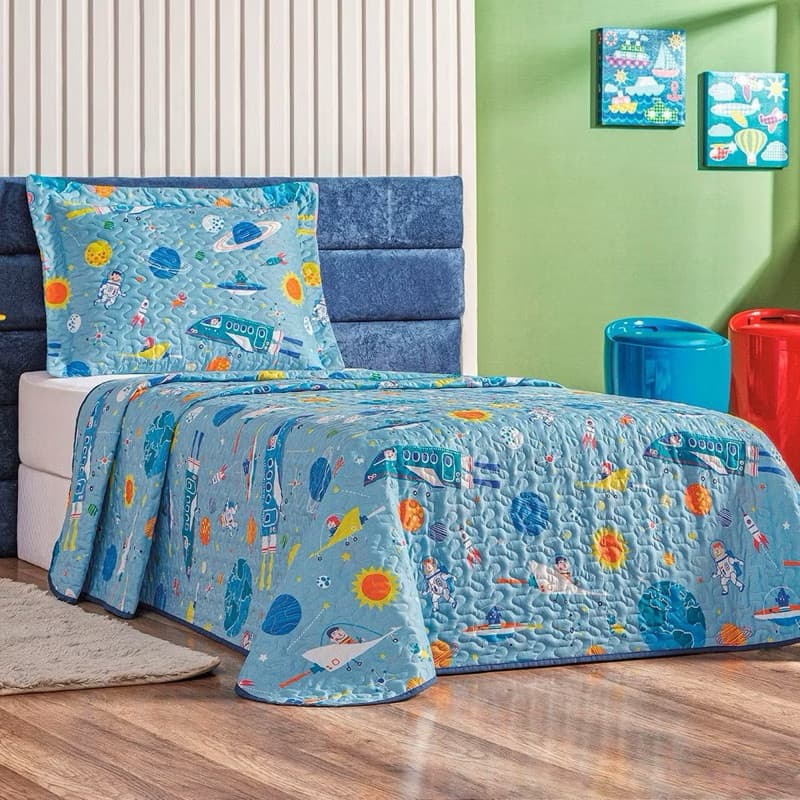 Kit Colcha Cobre Leito infantil  Solteiro Bouti 1,60x2,40m Dupla Face 2 Peças C/ Viés