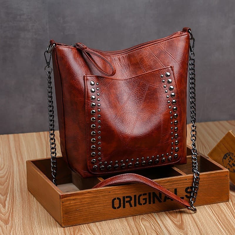 Bolsa Balde Feminina Moda Rebite Alça De Corrente De Couro PU