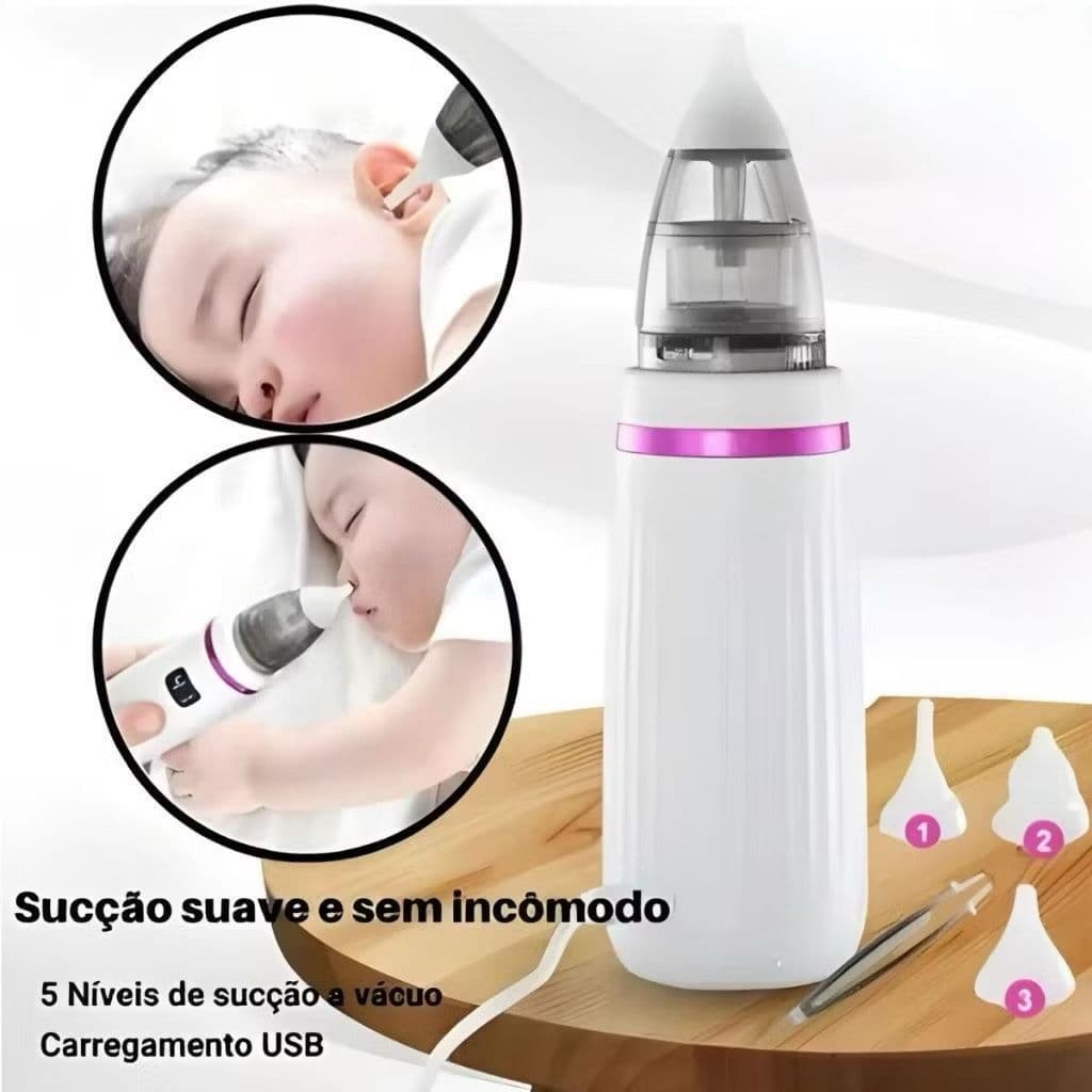 Aspirador Nasal Elétrico Para Bebê Carregador 3 Bicos De Silicone Branco Higienizador Nasal Elétrico com Carregador