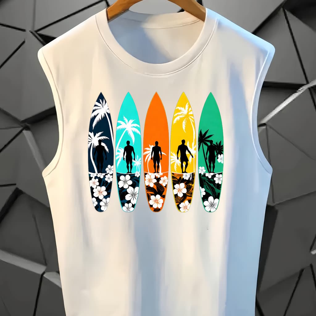 Camiseta Regata  de algodão 100% Vibrações tropicais de surf suave  colorido de prancha de surf,