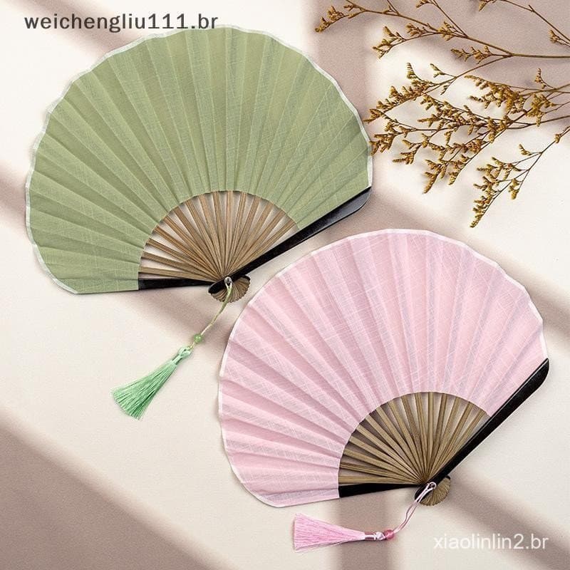 # weicheng Criativo Retro Mini Concha Ventilador De Algodão Linho Pano Chinês Dobrável Mão Suave Cor Sólida Portátil Fem