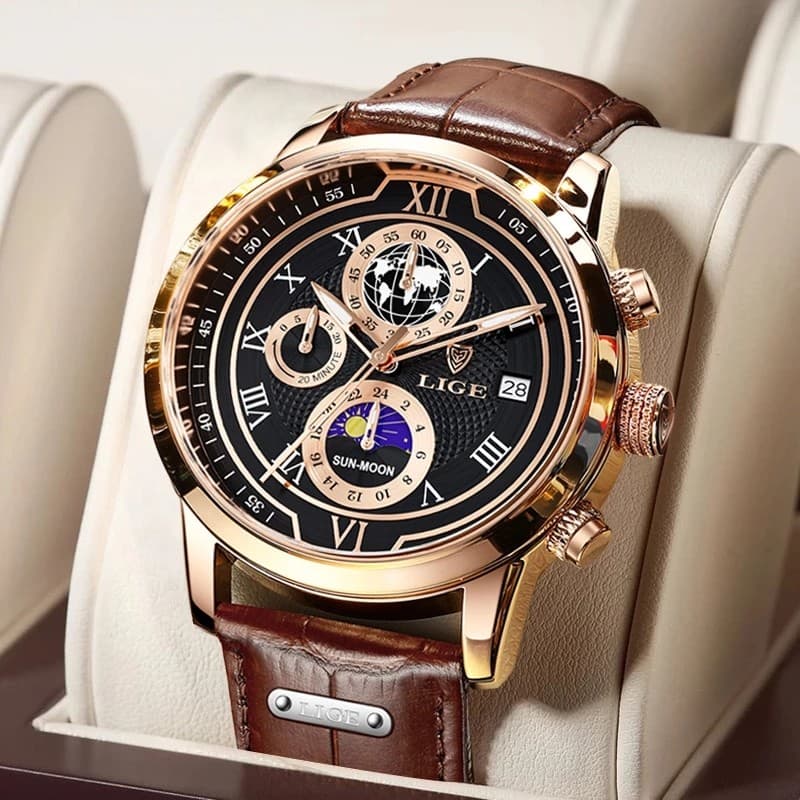 LIGE Relógio Masculino À Prova D'água Moda Fase Da Lua Pulseira De Couro De Quartzo