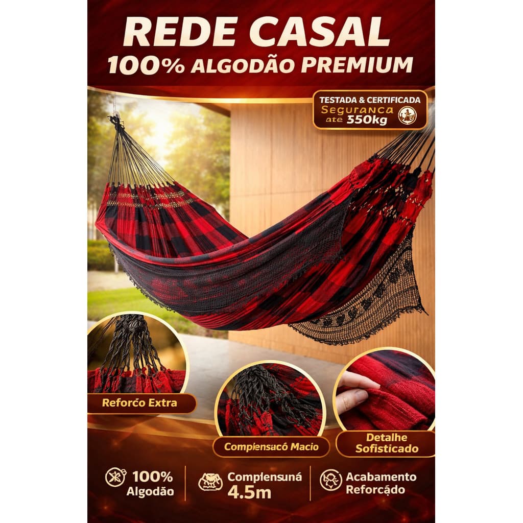 Rede de Dormir Casal 4,5m Premium Reforçada – 100% Algodão Jaguaruana | Conforto e Alta Resistência –