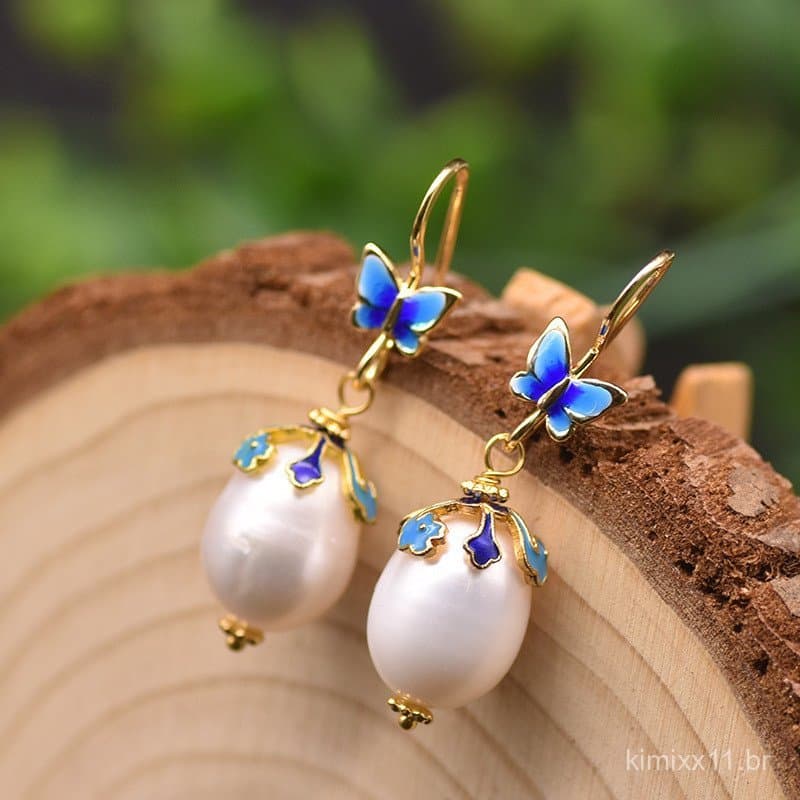 Brincos de pérola natural, brincos de esmalte com borboleta cloisonné, estilo vintage, elegantes, feitos à mão, de nicho
