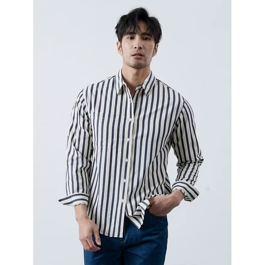 Americano Retro macio Seersucker listrado camisa primavera verão estilo britânico não-ferro respirável High-End camisa d