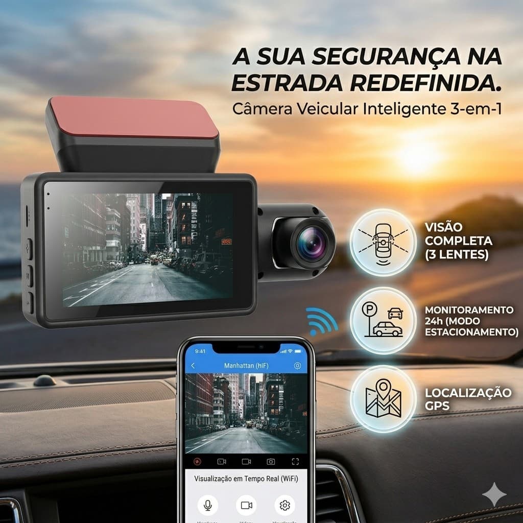 Câmera de Vídeo Veicular HD Frontal e Interna