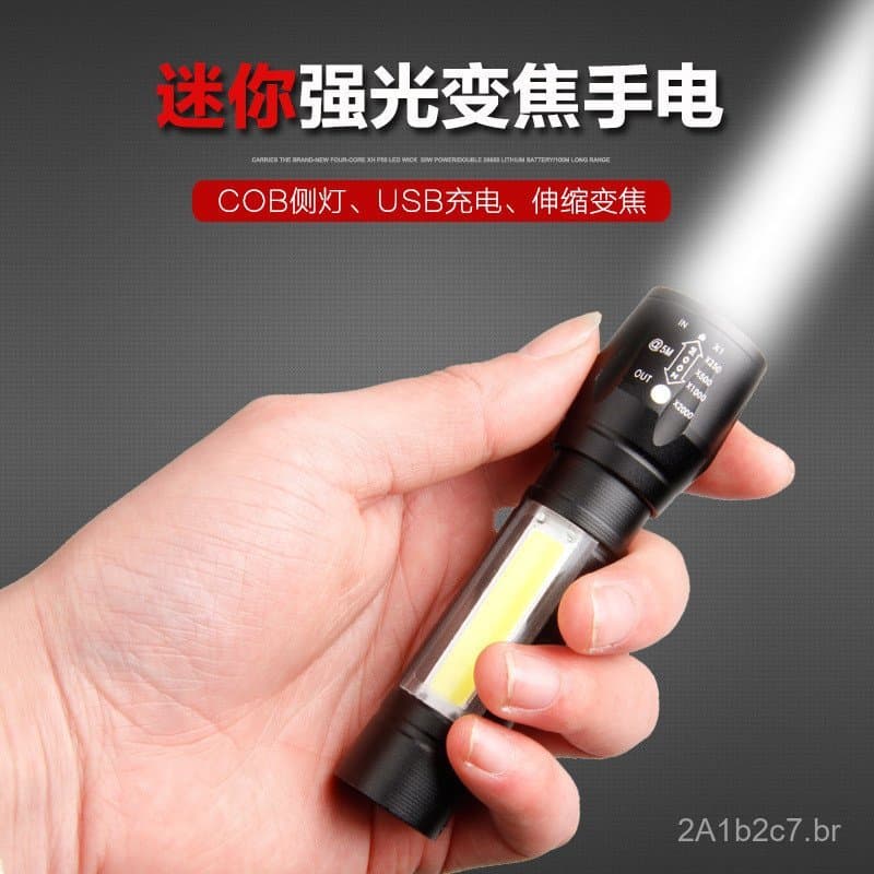 Mini lanterna de luz roxa com luz lateral COB de alta intensidade, zoom telescópico, conjunto de carregamento USB, mini