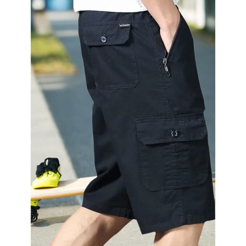 Shorts de tamanho grande masculino verão fino meia-idade idosos solto em linha reta Multi-bolso macacão de sete pontos e