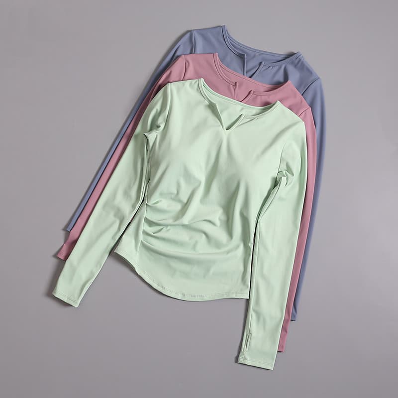 Roupas de Yoga femininas com almofada no peito correndo Fitness manga comprida esportes topo mais magro olhar elástico d